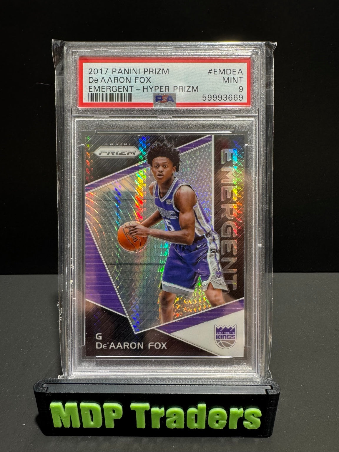 De'Aaron Fox Hyper Prizm PSA 9 angled front showing refractor finish