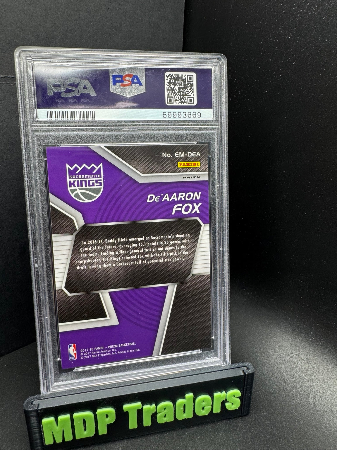 2017-18 Panini Prizm Emergent Hyper Prizm De'Aaron Fox PSA 9 back and certification