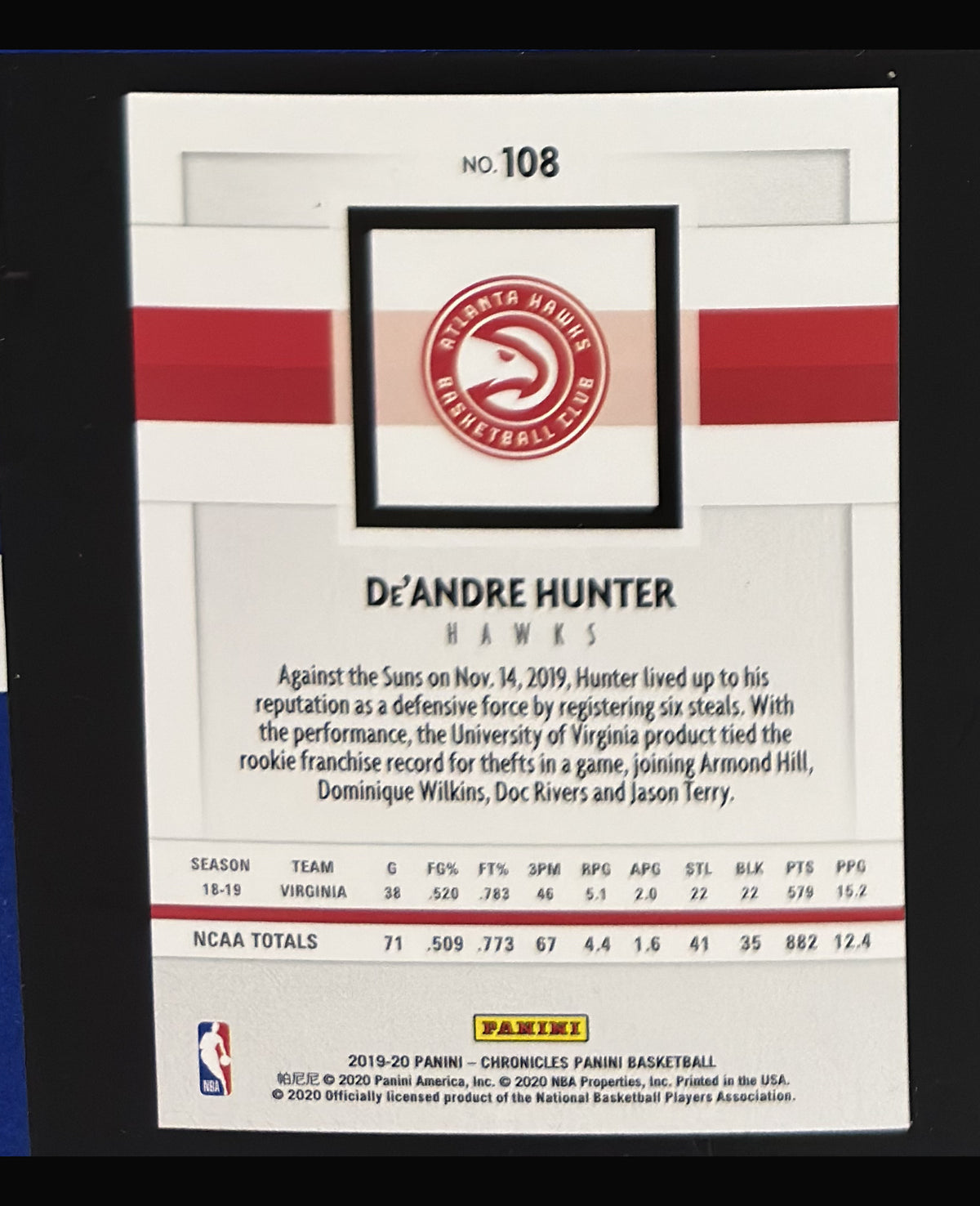 2019-20 Panini Chronicles Panini De'Andre Hunter RC #108 - back