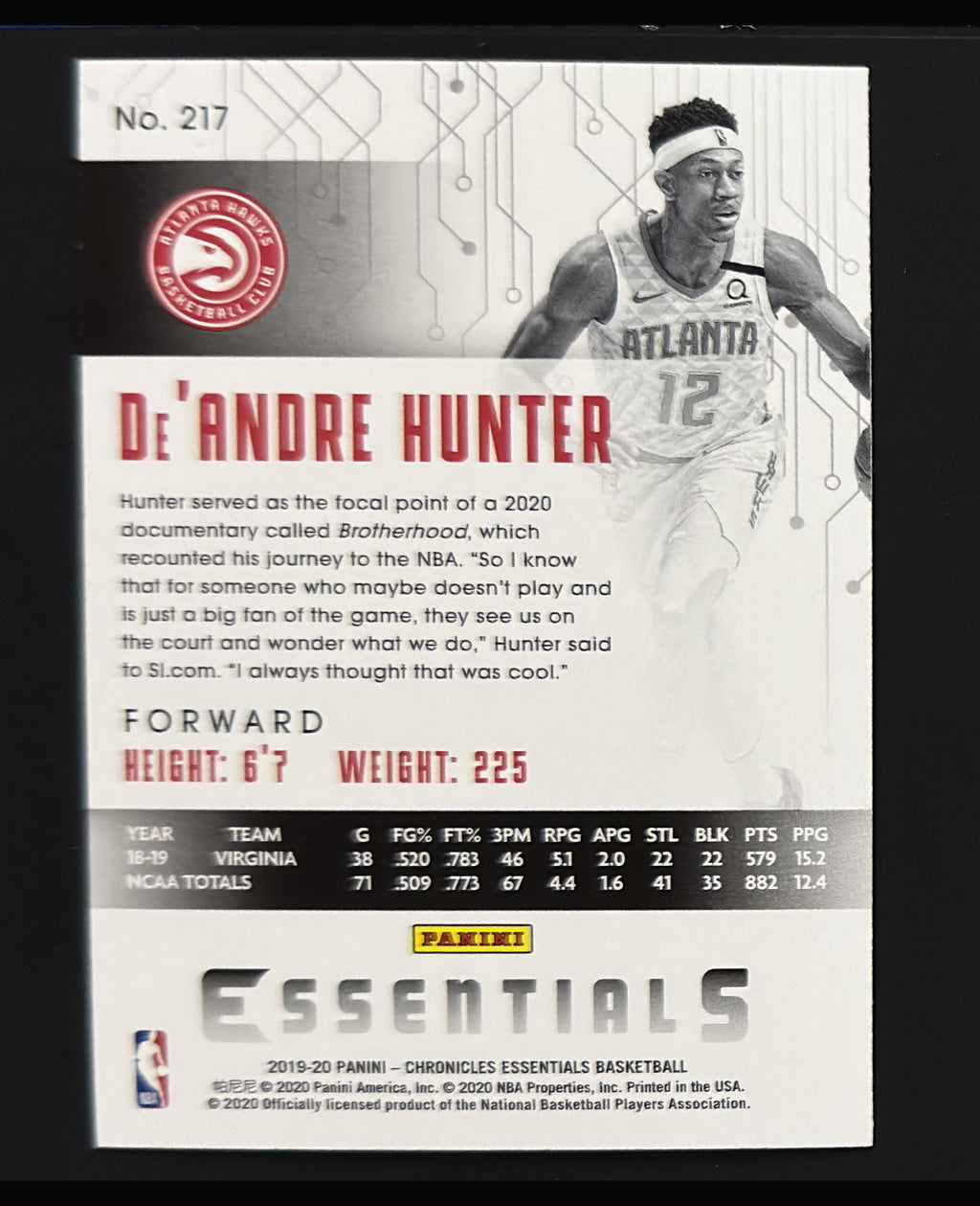 2019-20 Panini Chronicles Essentials De'Andre Hunter RC #217 - back