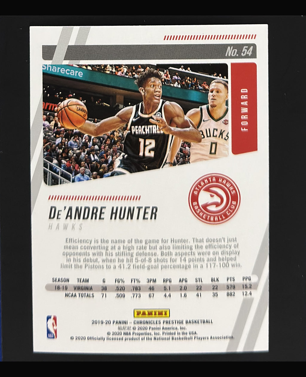 2019-20 Panini Chronicles Prestige De'Andre Hunter RC #54 - back