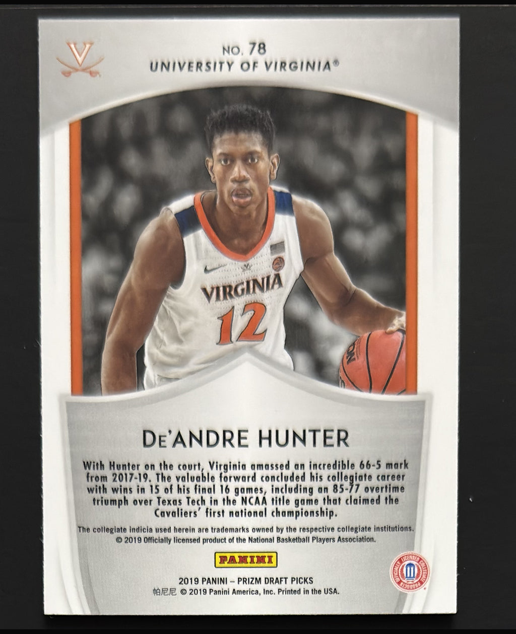 2019 Panini Prizm Draft Picks Crusade De'Andre Hunter RC #78 - back