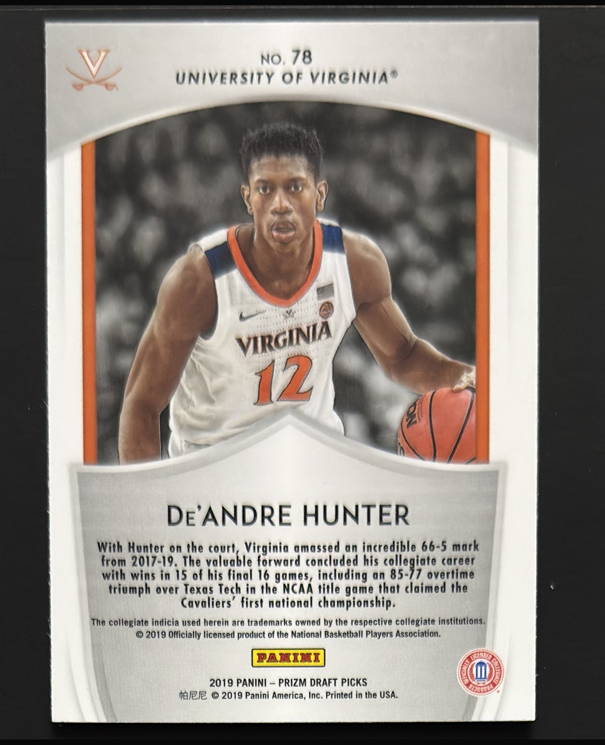2019 Panini Prizm Draft Picks Crusade De'Andre Hunter RC #78 - back