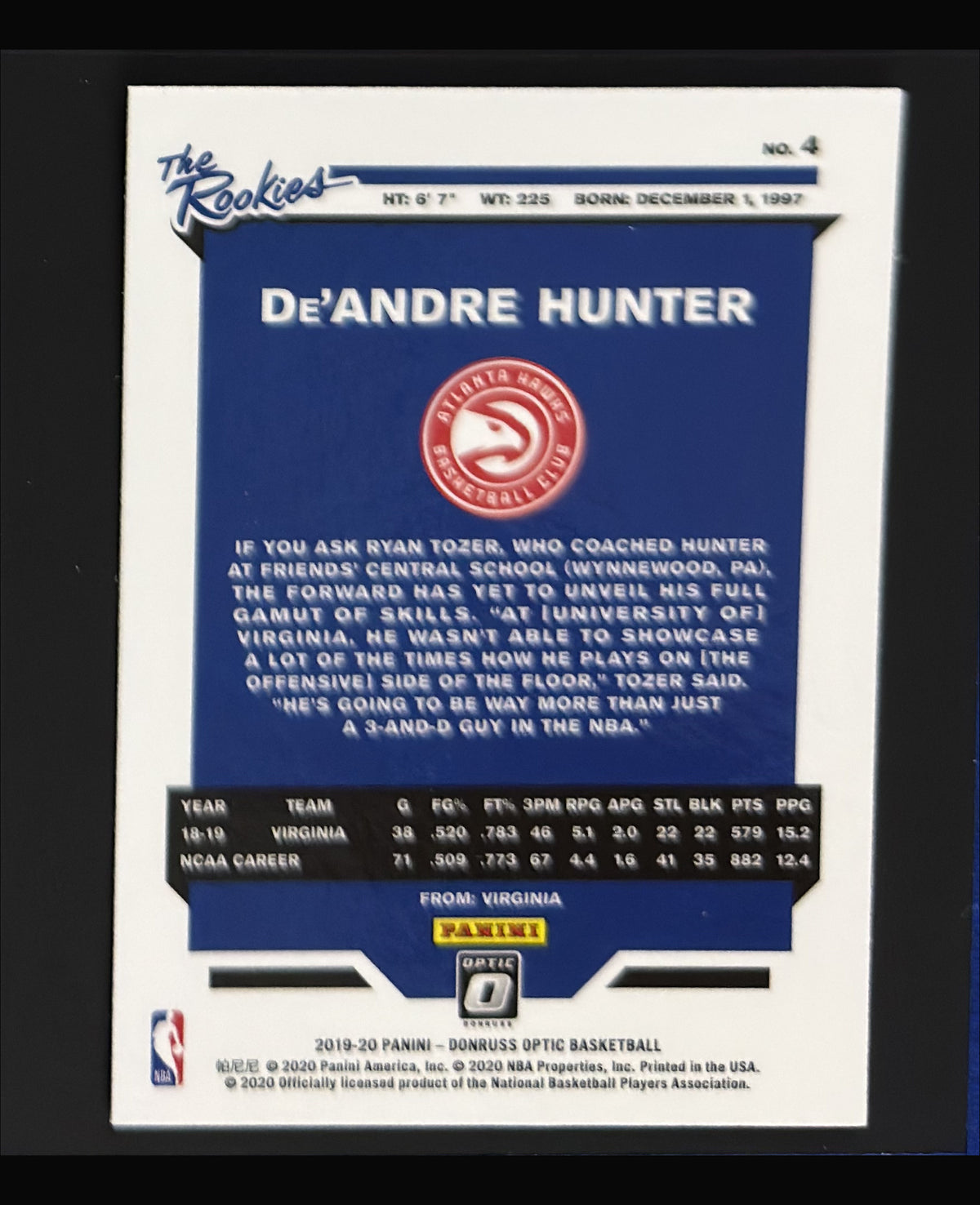 2019-20 Panini Donruss Optic The Rookies De'Andre Hunter RC #4 - back