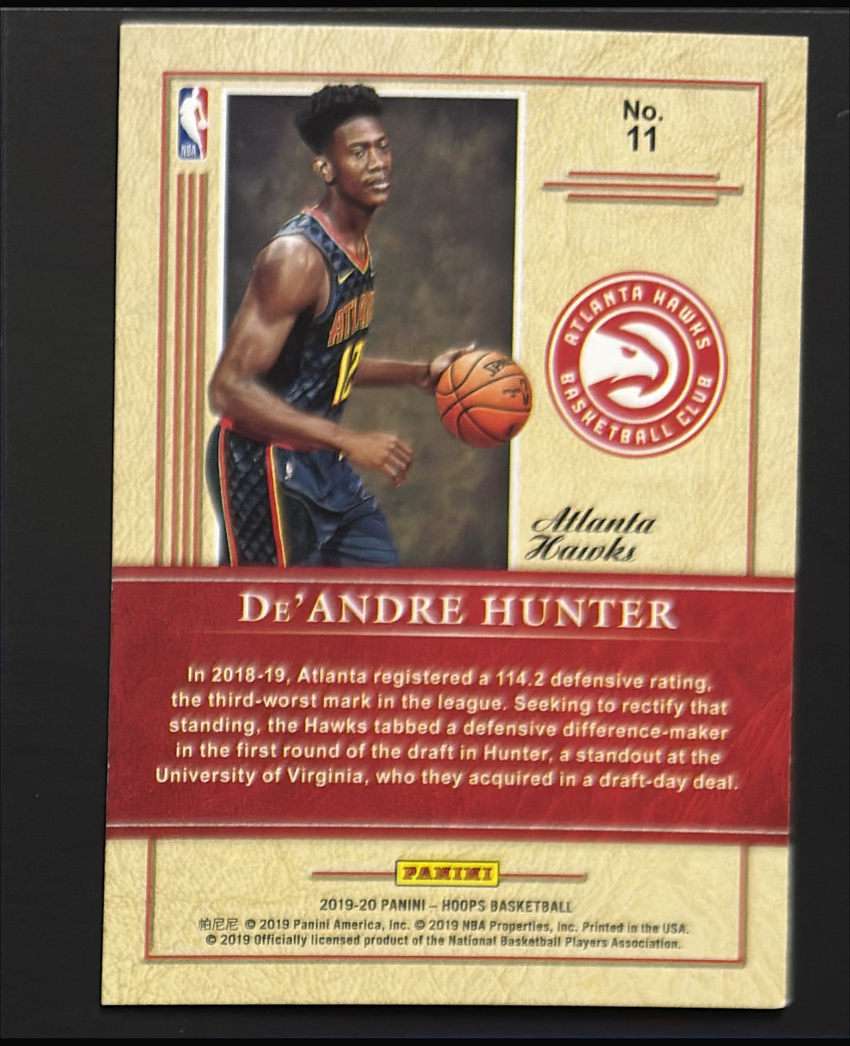 2019-20 Panini NBA Hoops Class of 2019 De'Andre Hunter RC #11 - back