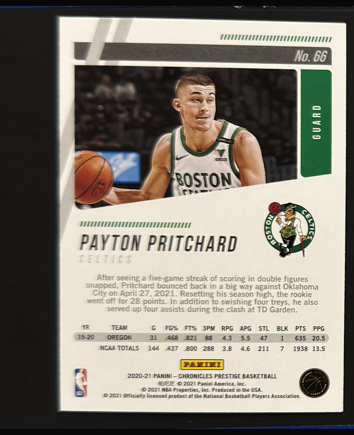 2020-21 Panini Chronicles Prestige Payton Pritchard RC #66 - back