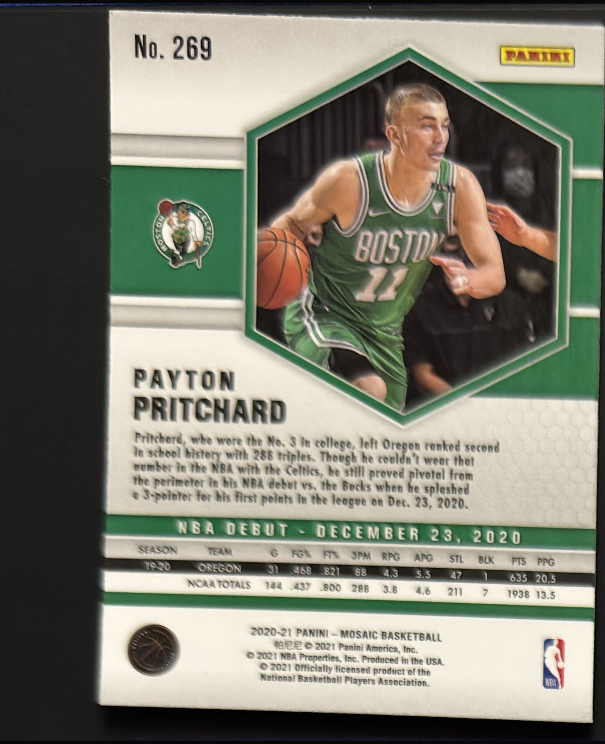2020-21 Panini Mosaic NBA Debut Payton Pritchard RC #269 - back
