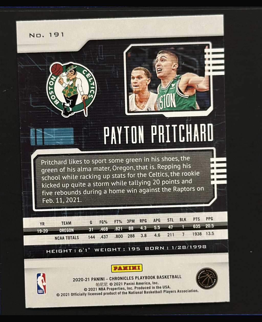 2020-21 Panini Chronicles Playbook Payton Pritchard RC #191 - back