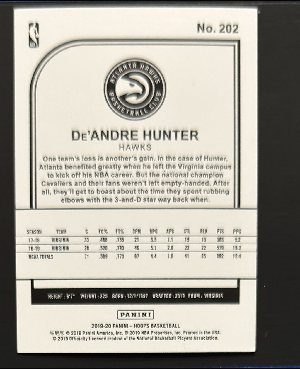 2019-20 Panini NBA Hoops Winter De'Andre Hunter RC #202 - back