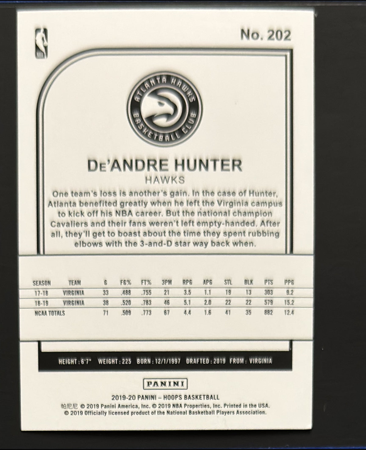 2019-20 Panini NBA Hoops Winter De'Andre Hunter RC #202 - back