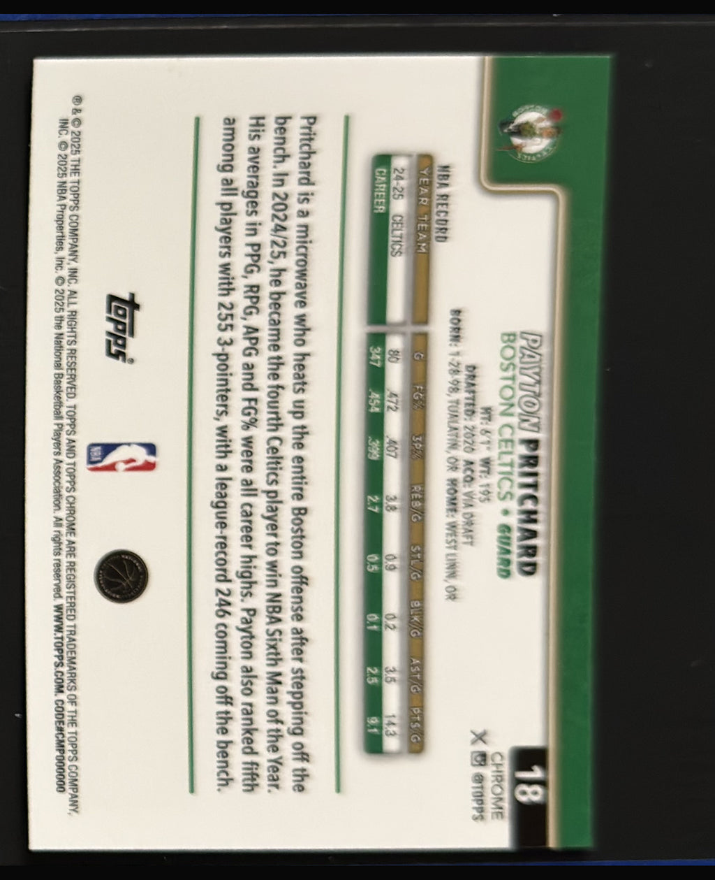 2025-26 Topps Chrome Payton Pritchard #18 - back