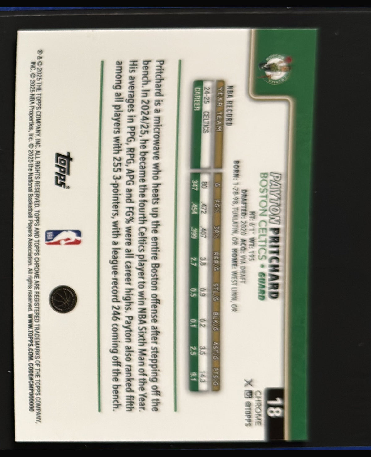 2025-26 Topps Chrome Payton Pritchard #18 - back