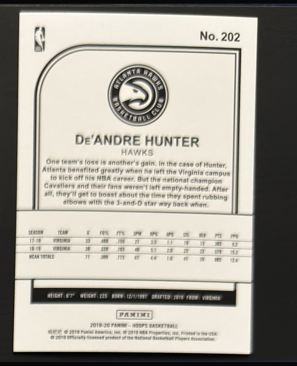 2019-20 Panini NBA Hoops De'Andre Hunter RC #202 - back
