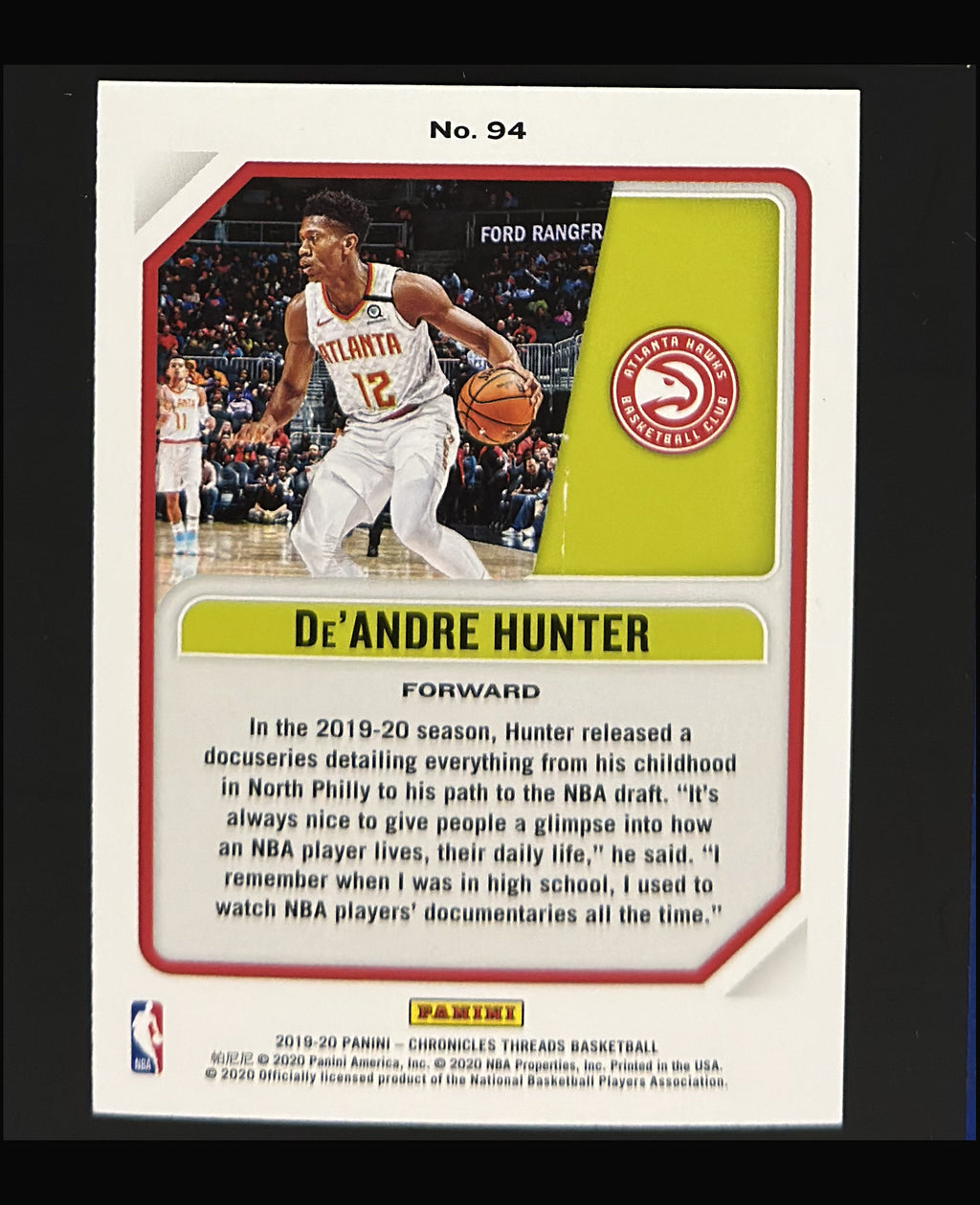 2019-20 Panini Chronicles Threads Pink De'Andre Hunter RC #94 - back