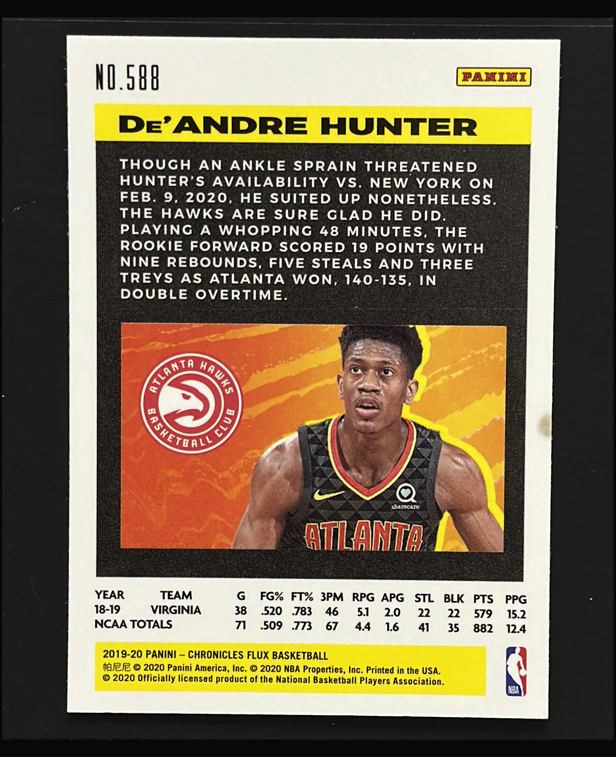 2019-20 Panini Chronicles Flux De'Andre Hunter RC #588 - back