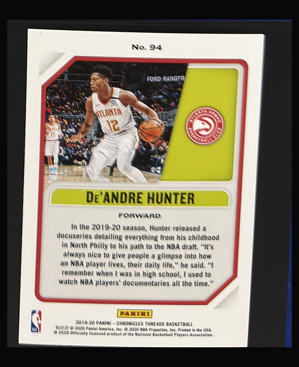 2019-20 Panini Chronicles Threads De'Andre Hunter RC #94 - back
