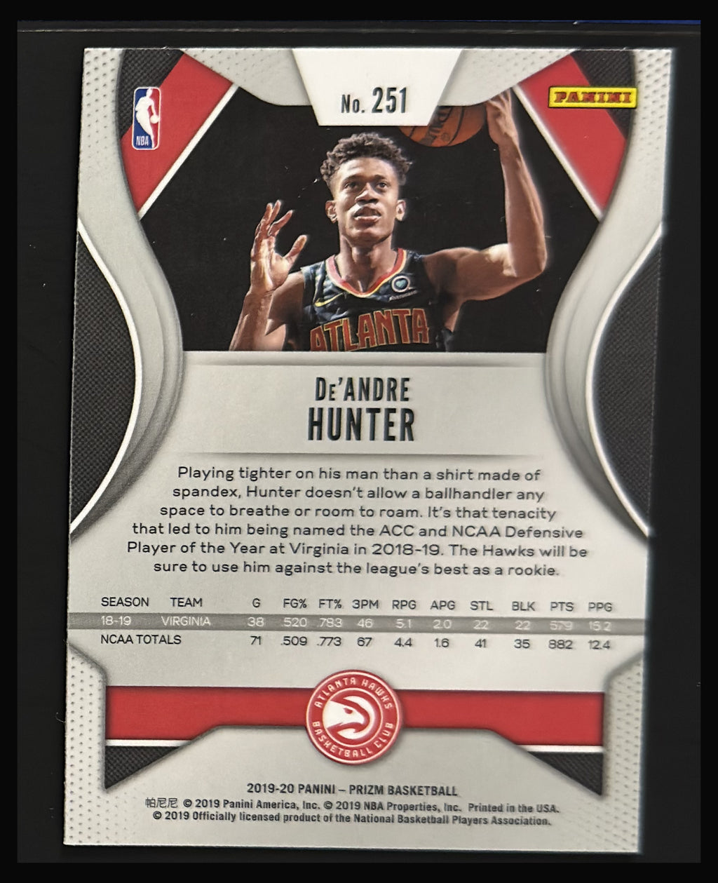 2019-20 Panini Prizm De'Andre Hunter RC #251 - back