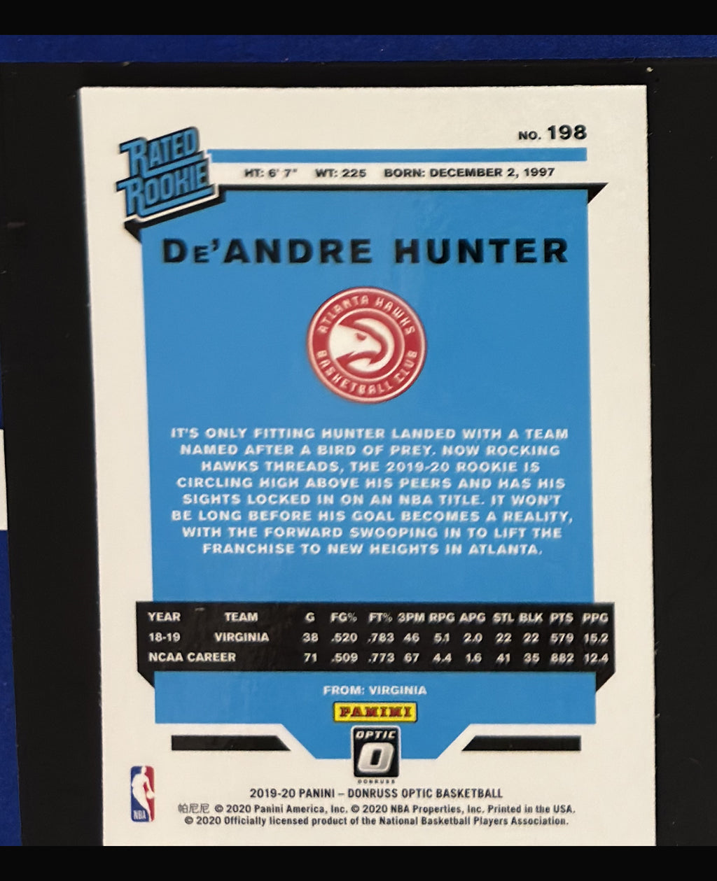 2019-20 Panini Donruss Optic Rated Rookie De'Andre Hunter RC #198 - back