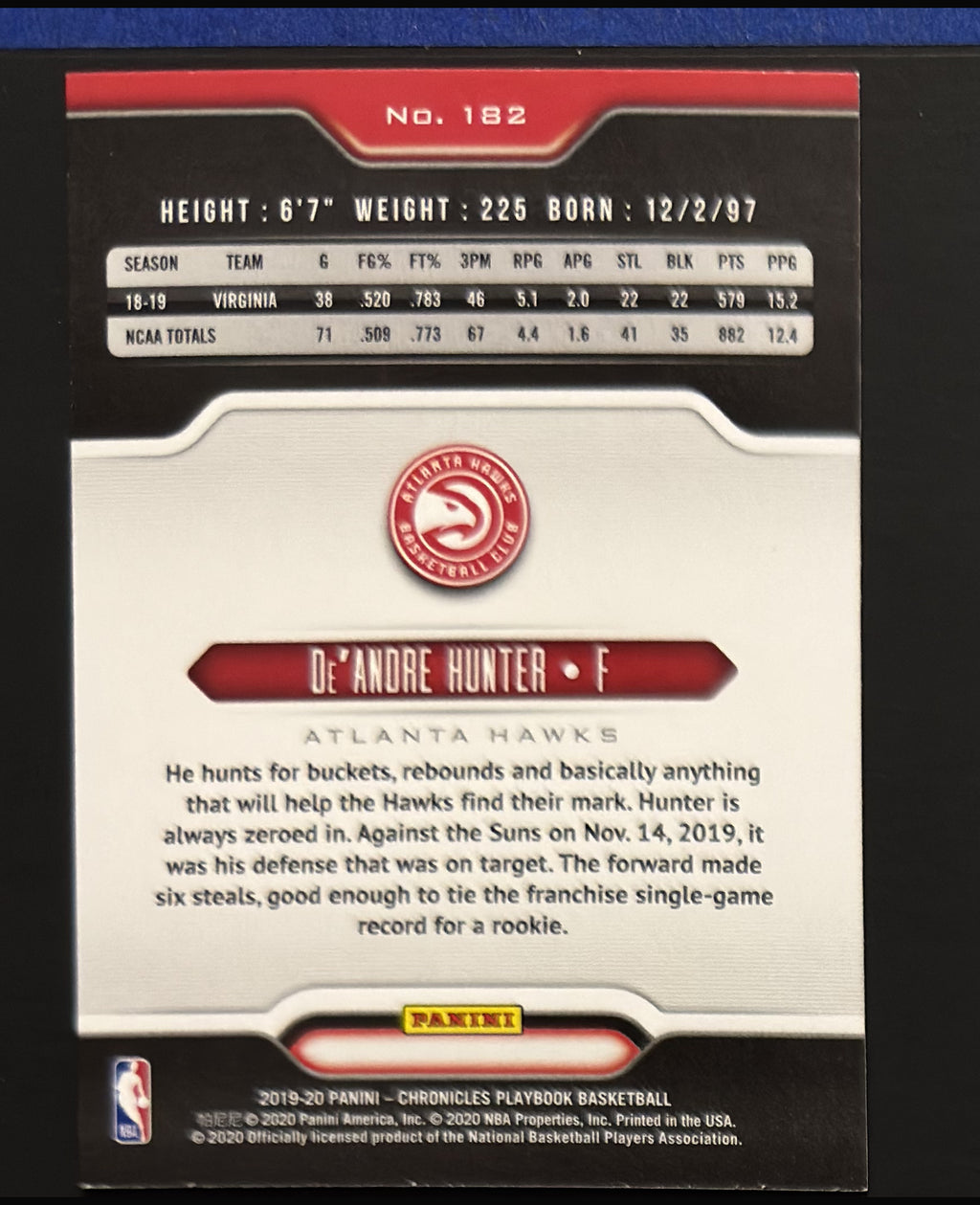 2019-20 Panini Chronicles Playbook De'Andre Hunter RC #182 - back
