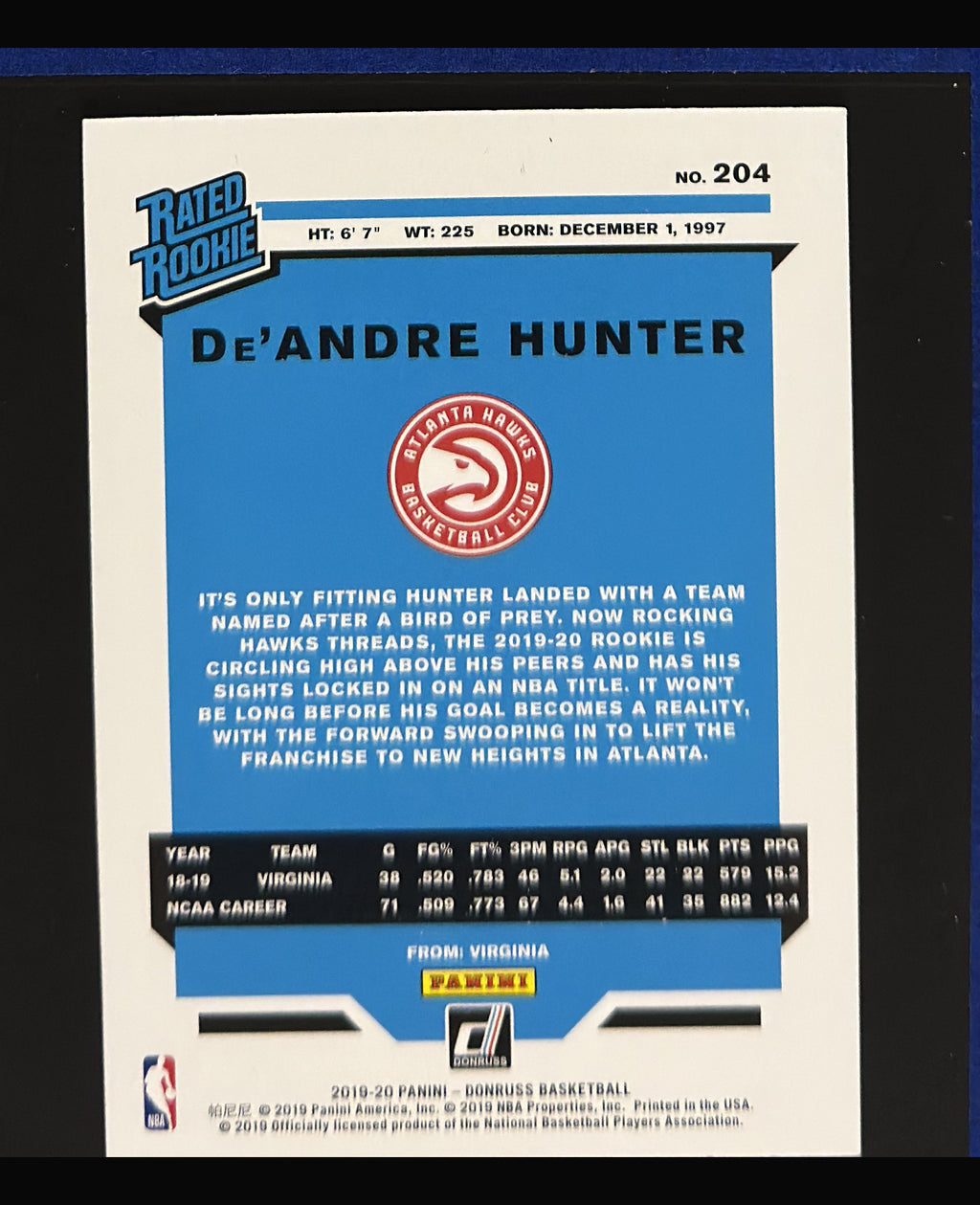 2019-20 Panini Donruss Rated Rookie De'Andre Hunter RC #204 - back