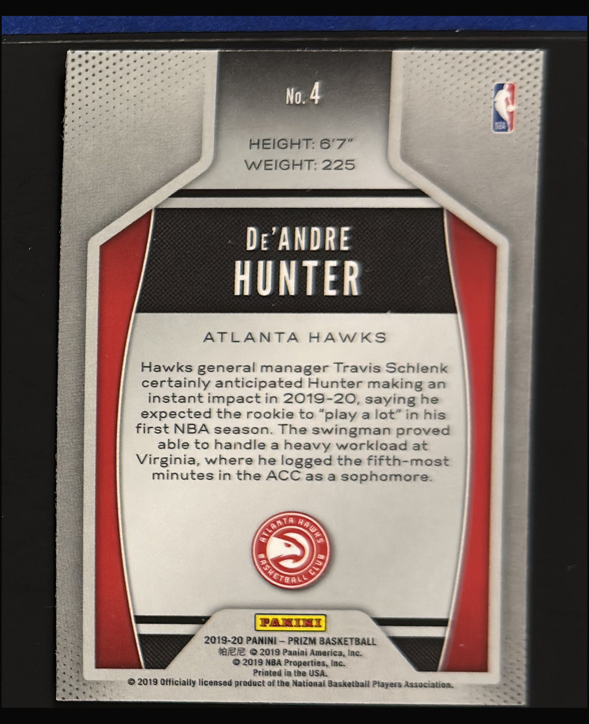 2019-20 Panini Prizm Instant Impact De'Andre Hunter RC #4 - back