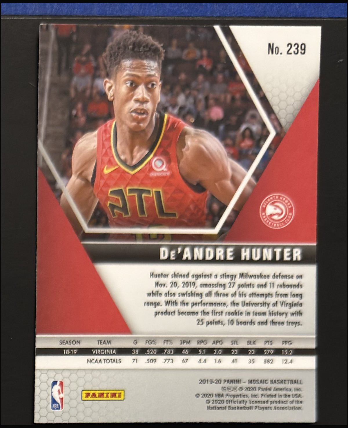 2019-20 Panini Mosaic De'Andre Hunter RC #239 - back