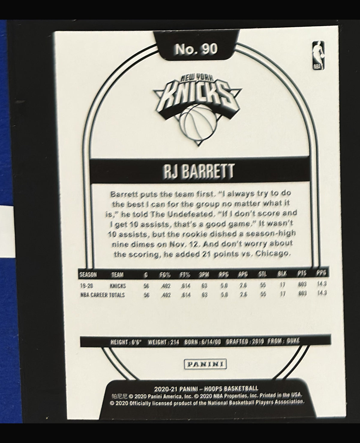 2020-21 Panini NBA Hoops Yellow R.J. Barrett #90 - back