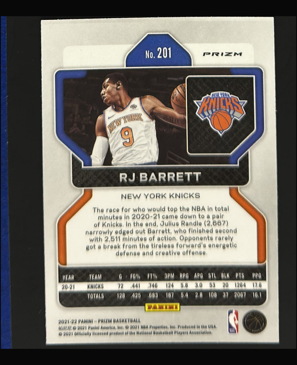 2021-22 Panini Prizm NBA 75th Anniversary Prizm R.J. Barrett #201 - back