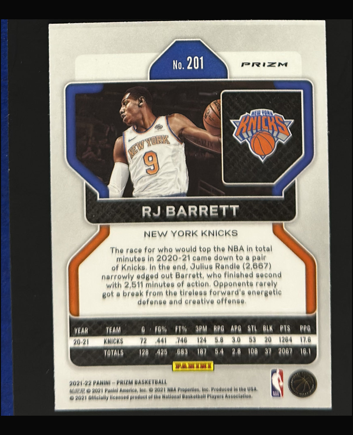 2021-22 Panini Prizm NBA 75th Anniversary Prizm R.J. Barrett #201 - back