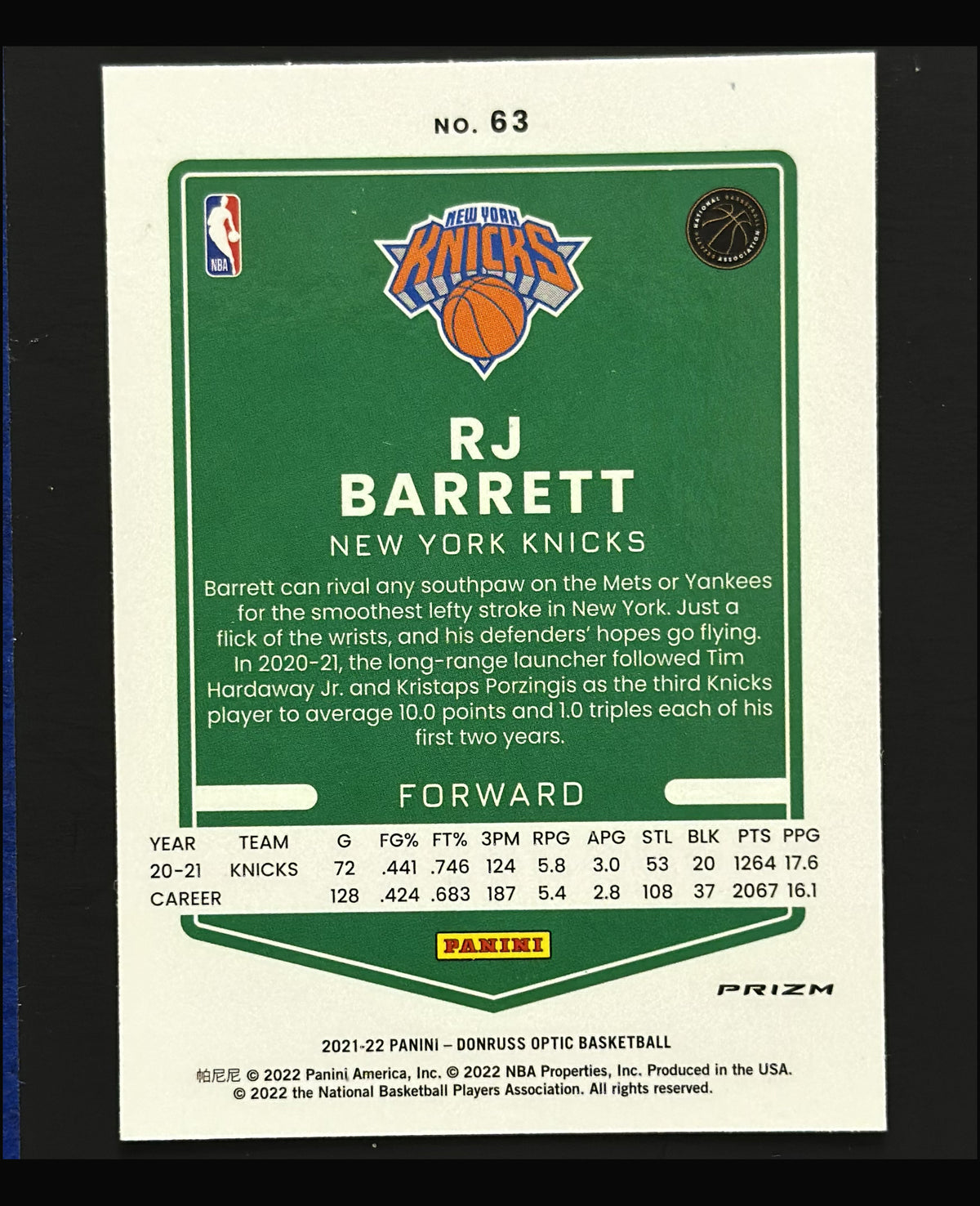 2021-22 Panini Donruss Optic Purple Prizm R.J. Barrett #63 - back