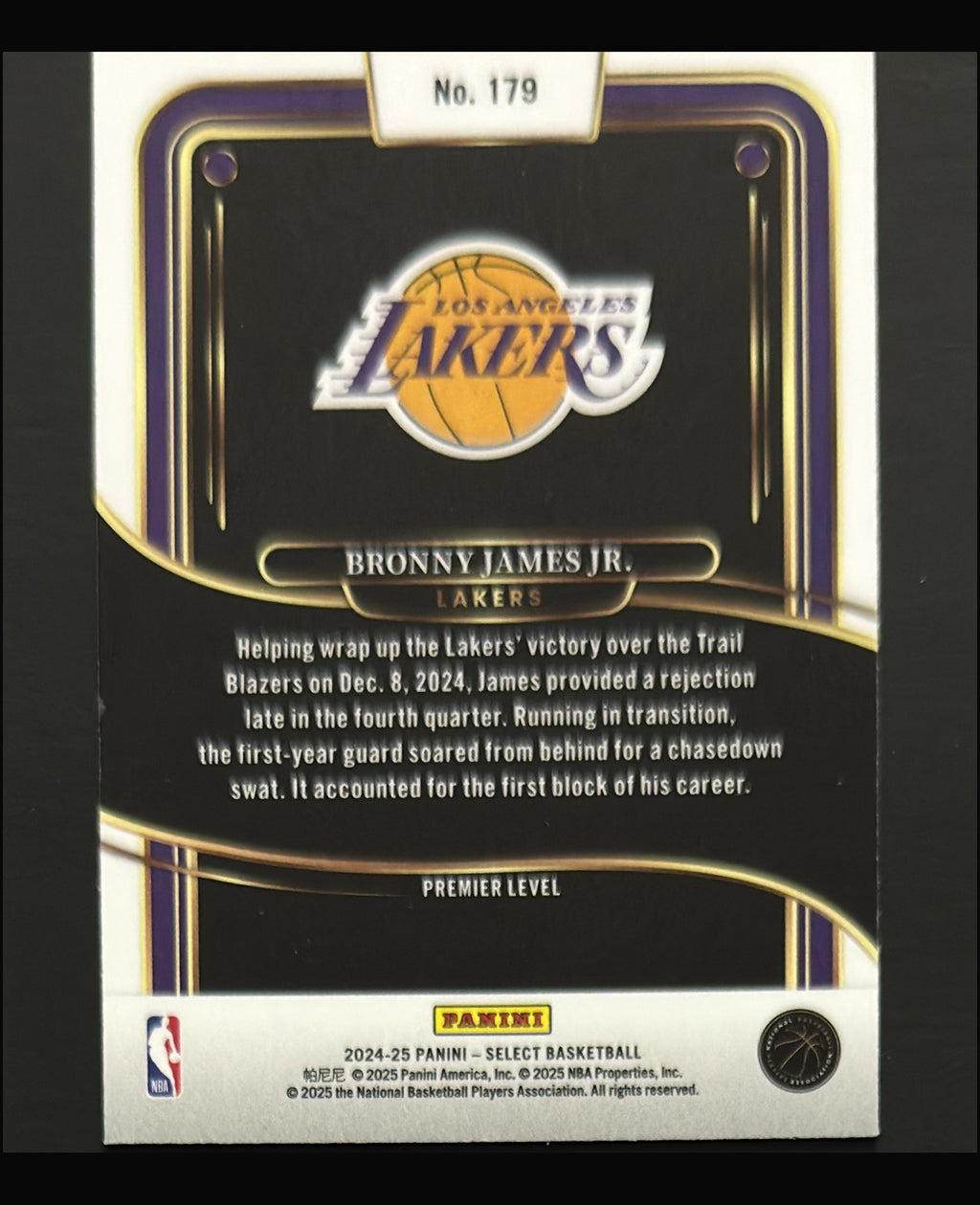 2024-25 Panini Select Premier Level Blue Bronny James Jr. RC #179 - back