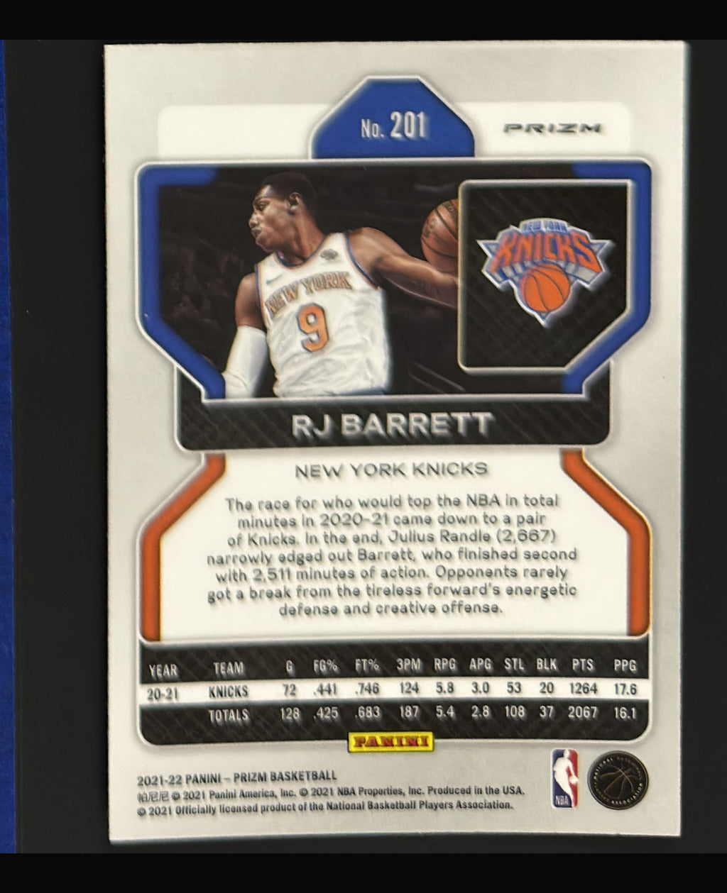 2021-22 Panini Prizm Green Wave Prizm R.J. Barrett #201 - back