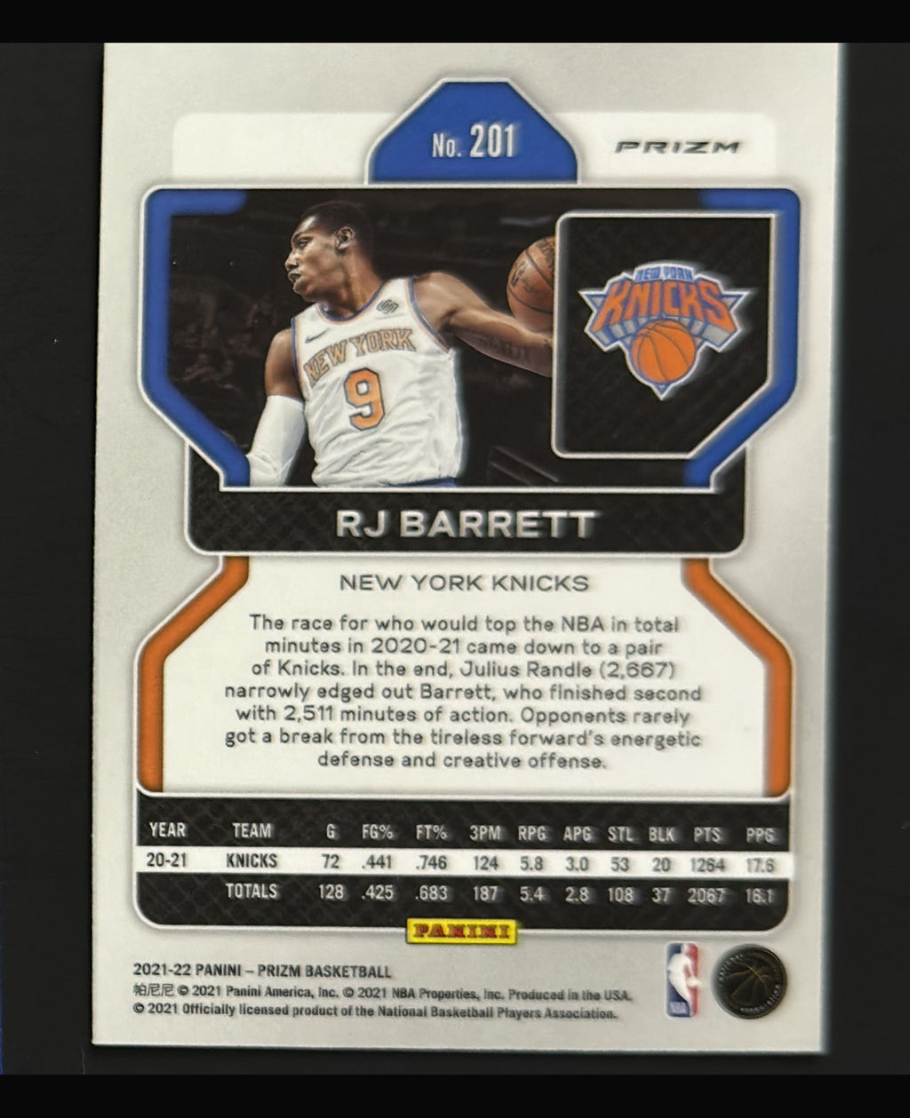 2021-22 Panini Prizm Ice Prizm R.J. Barrett #201 - back