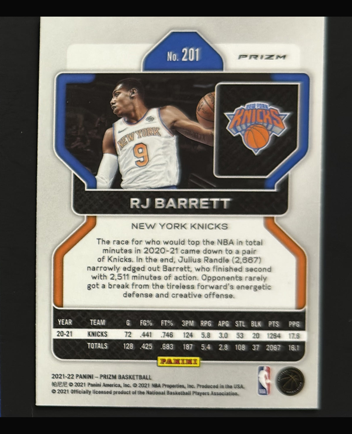 2021-22 Panini Prizm Ice Prizm R.J. Barrett #201 - back