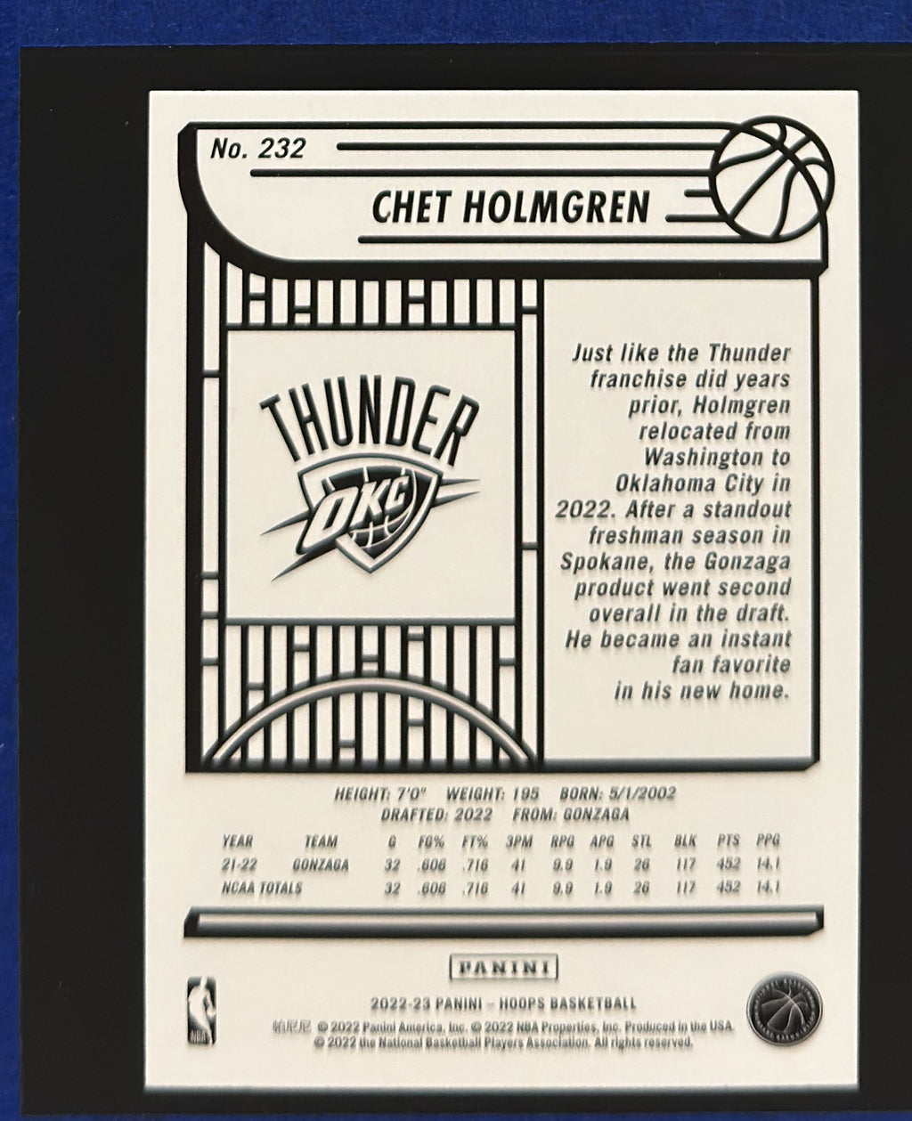 2022-23 Panini NBA Hoops Winter Chet Holmgren RC #232 — back