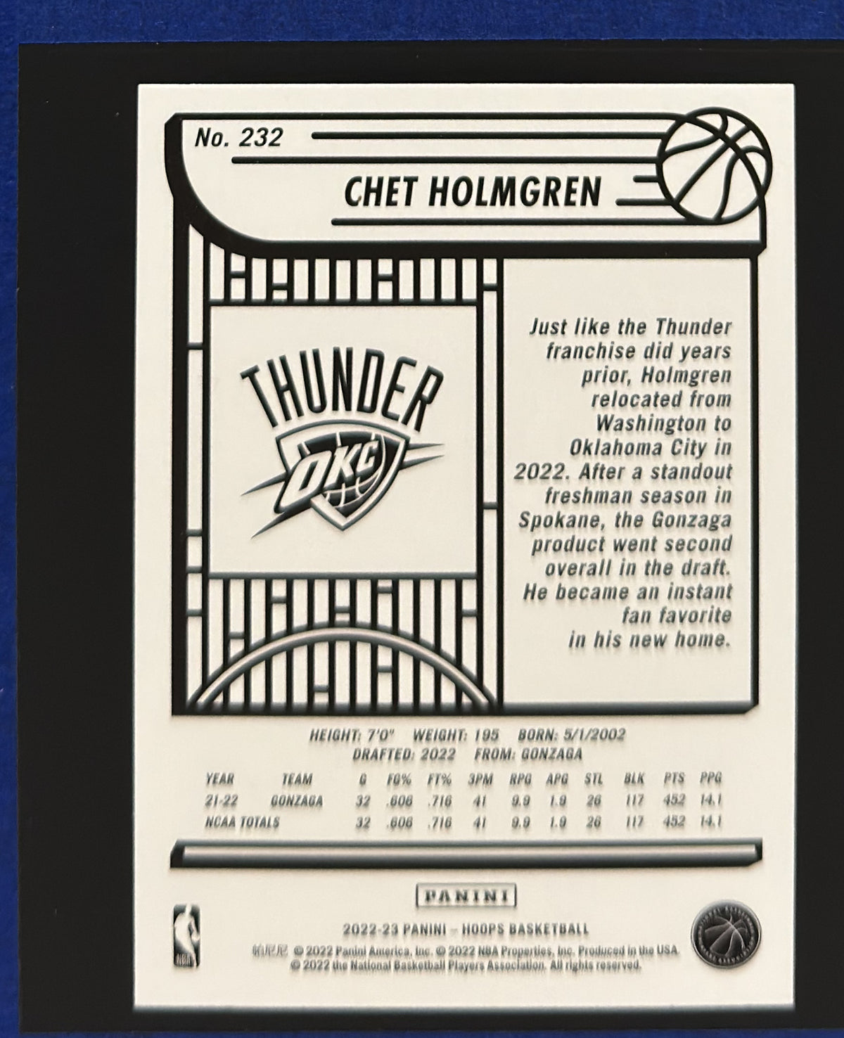 2022-23 Panini NBA Hoops Winter Chet Holmgren RC #232 — back