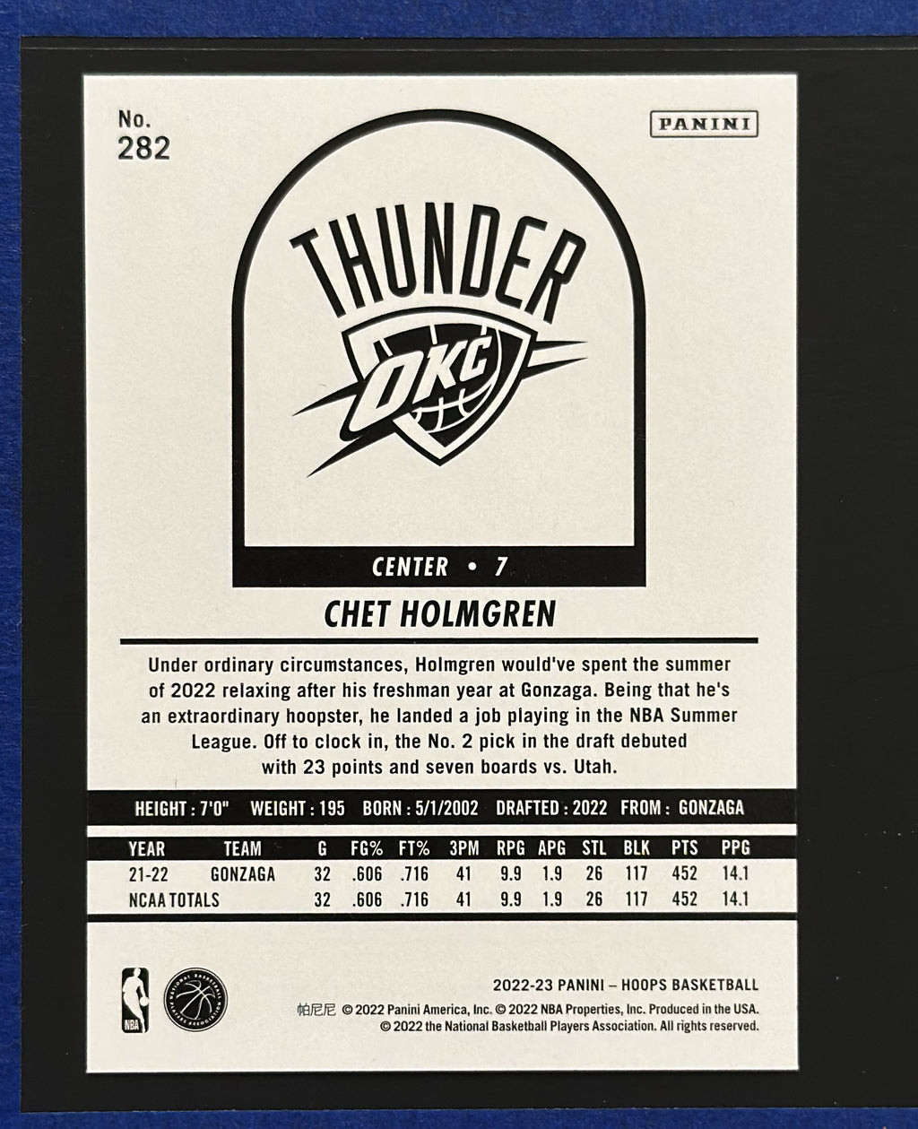 2022-23 Panini NBA Hoops Hoops Tribute Chet Holmgren RC #282 — back