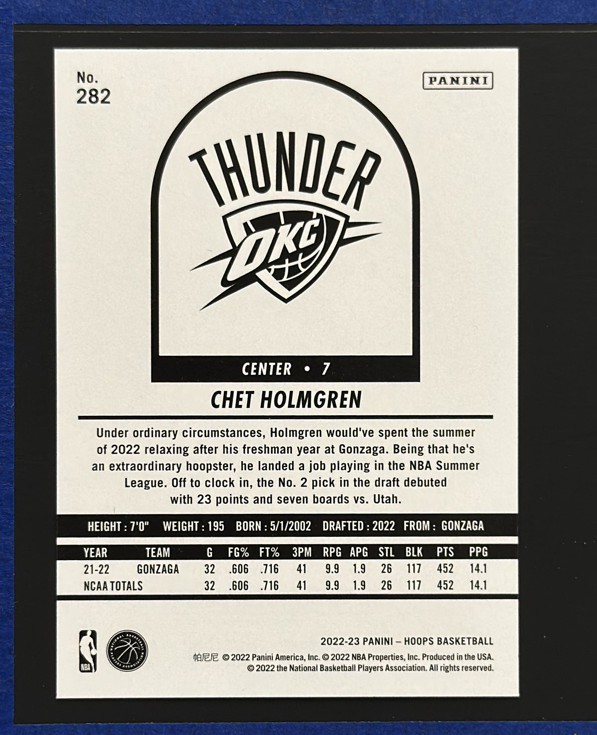 2022-23 Panini NBA Hoops Hoops Tribute Chet Holmgren RC #282 — back