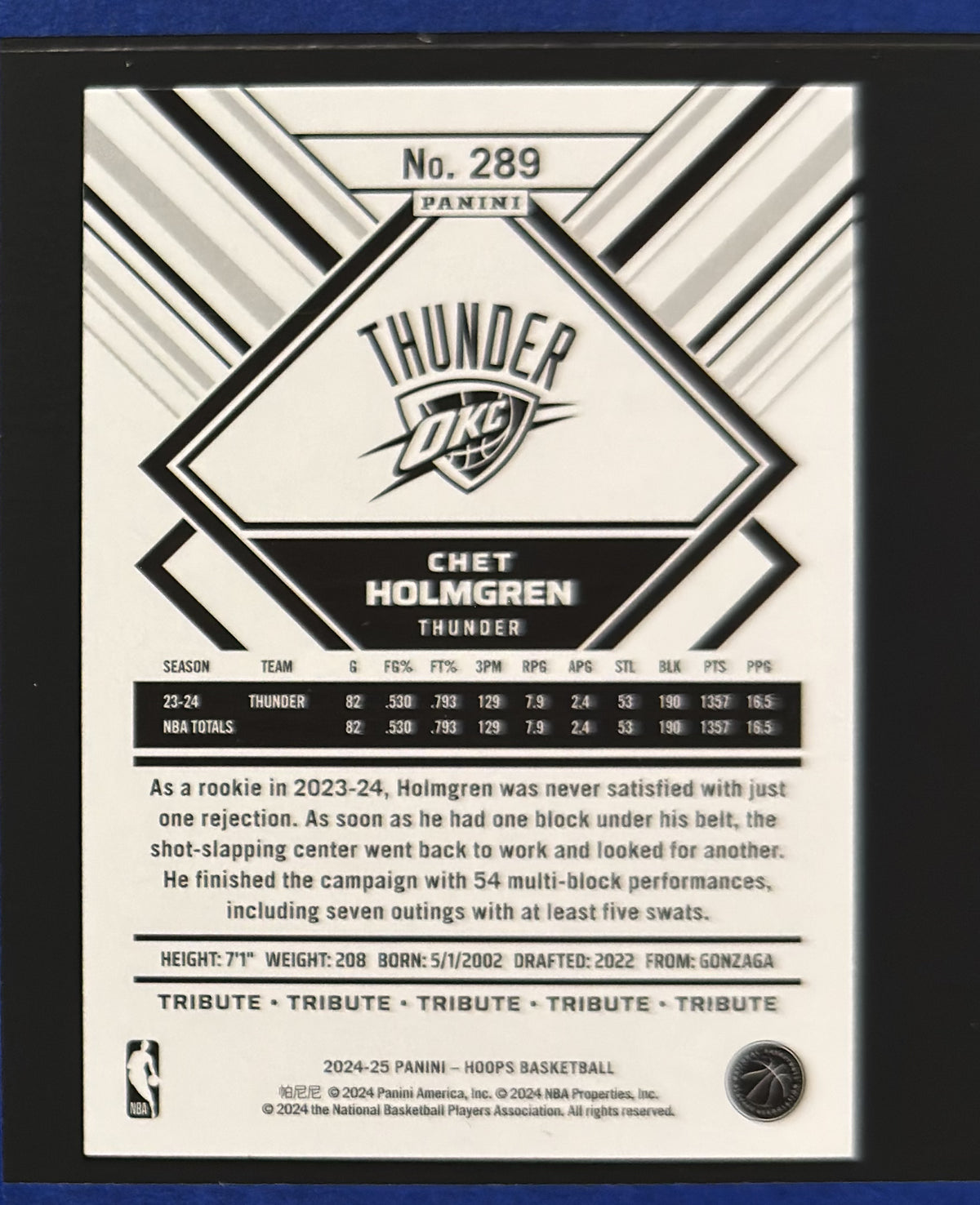 Back of 2024-25 Panini NBA Hoops Hoops Winter Tribute Chet Holmgren #289 — exact card shown