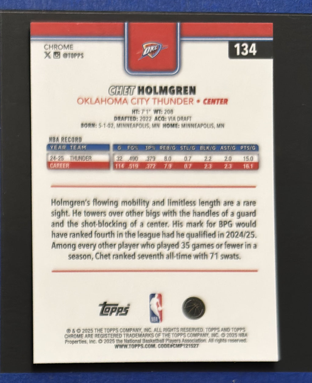 2025-26 Topps Chrome Refractor Chet Holmgren #134 — back