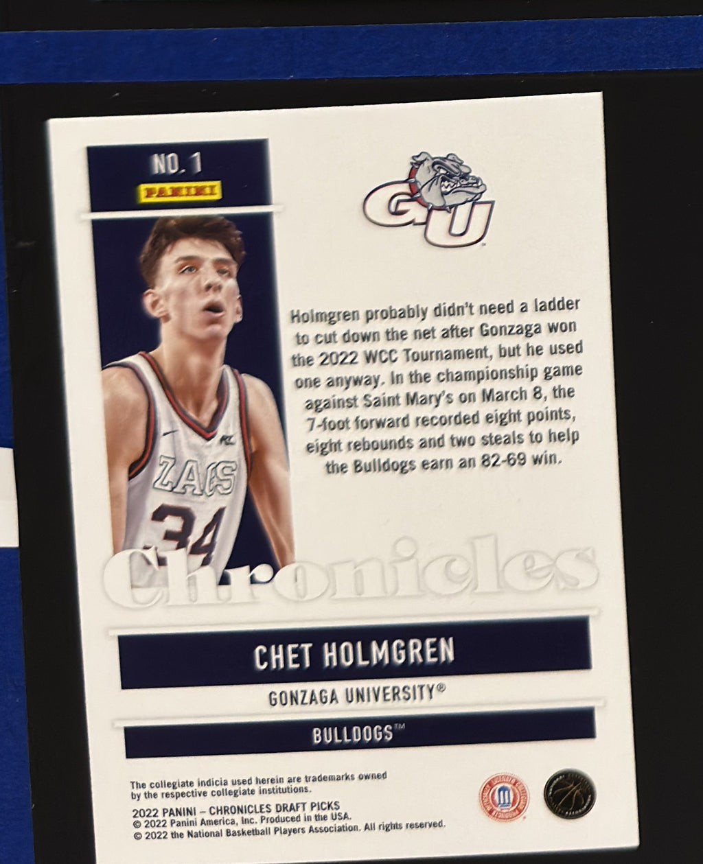 2022 Panini Chronicles Draft Picks Chronicles Chet Holmgren RC #1 — back