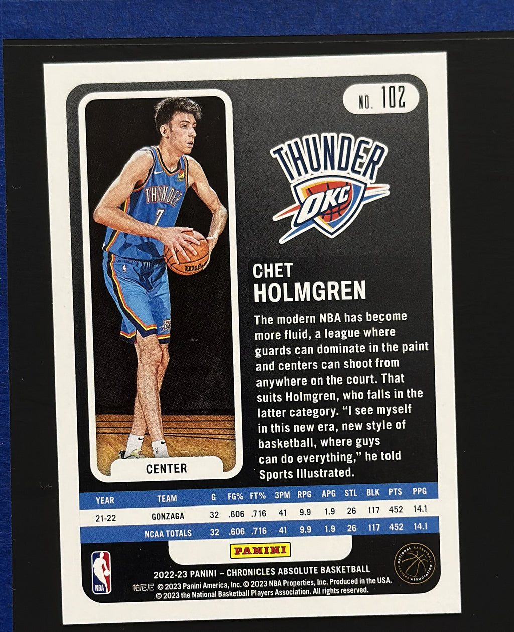 2022-23 Panini Chronicles Absolute Memorabilia Chet Holmgren RC #102 — back