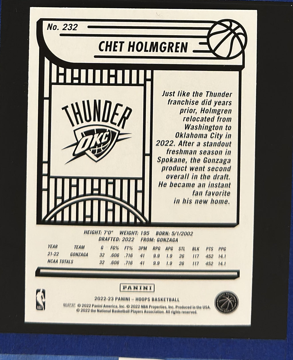 2022-23 Panini NBA Hoops Chet Holmgren RC #232 — back