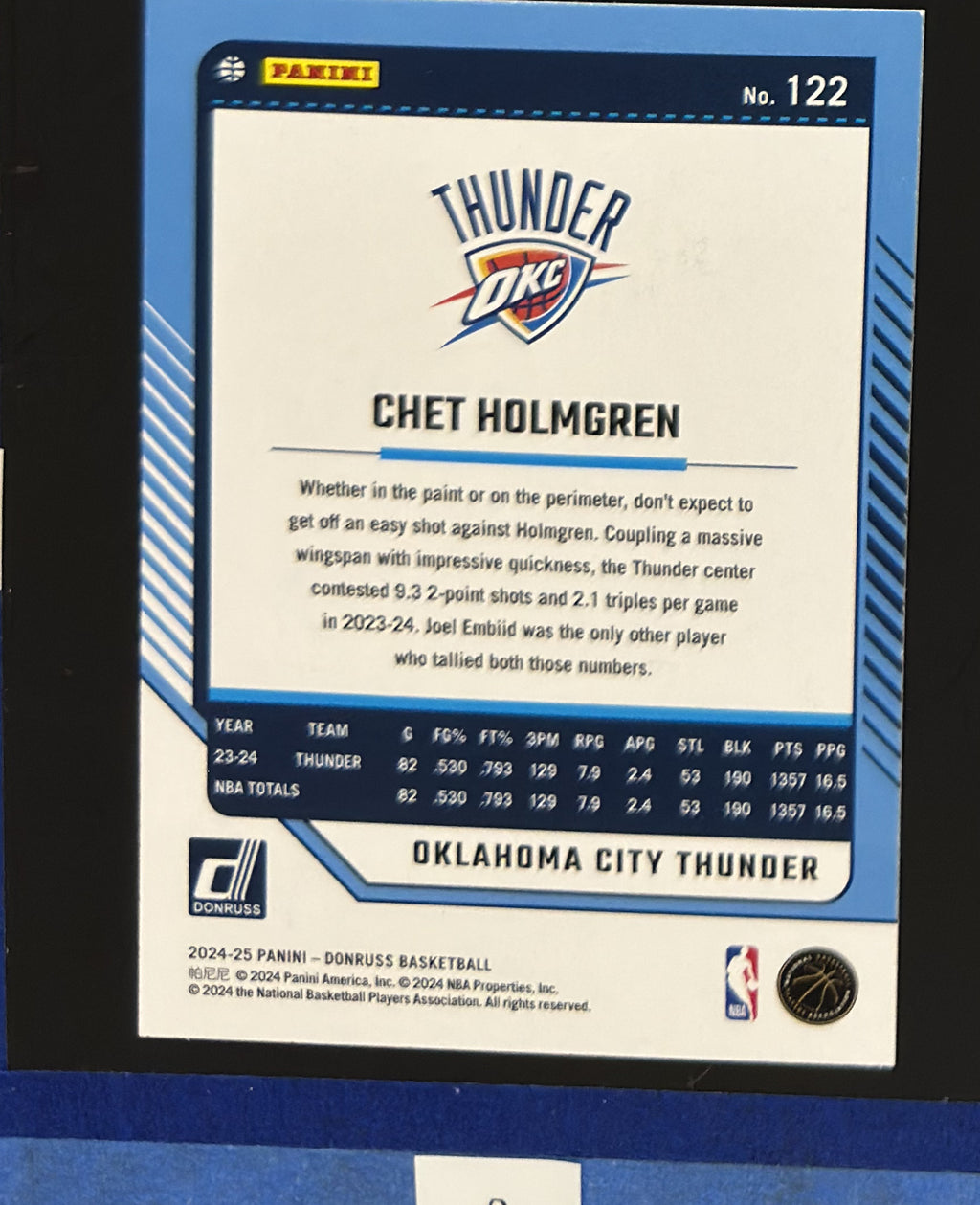 2024-25 Panini Donruss Holo Green Laser Chet Holmgren #122 — back