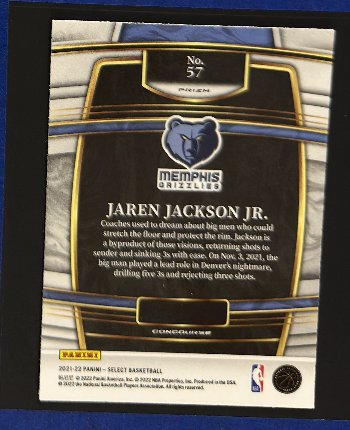 2021-22 Panini Select Concourse Green White Purple Prizm Jaren Jackson Jr. #57 — back