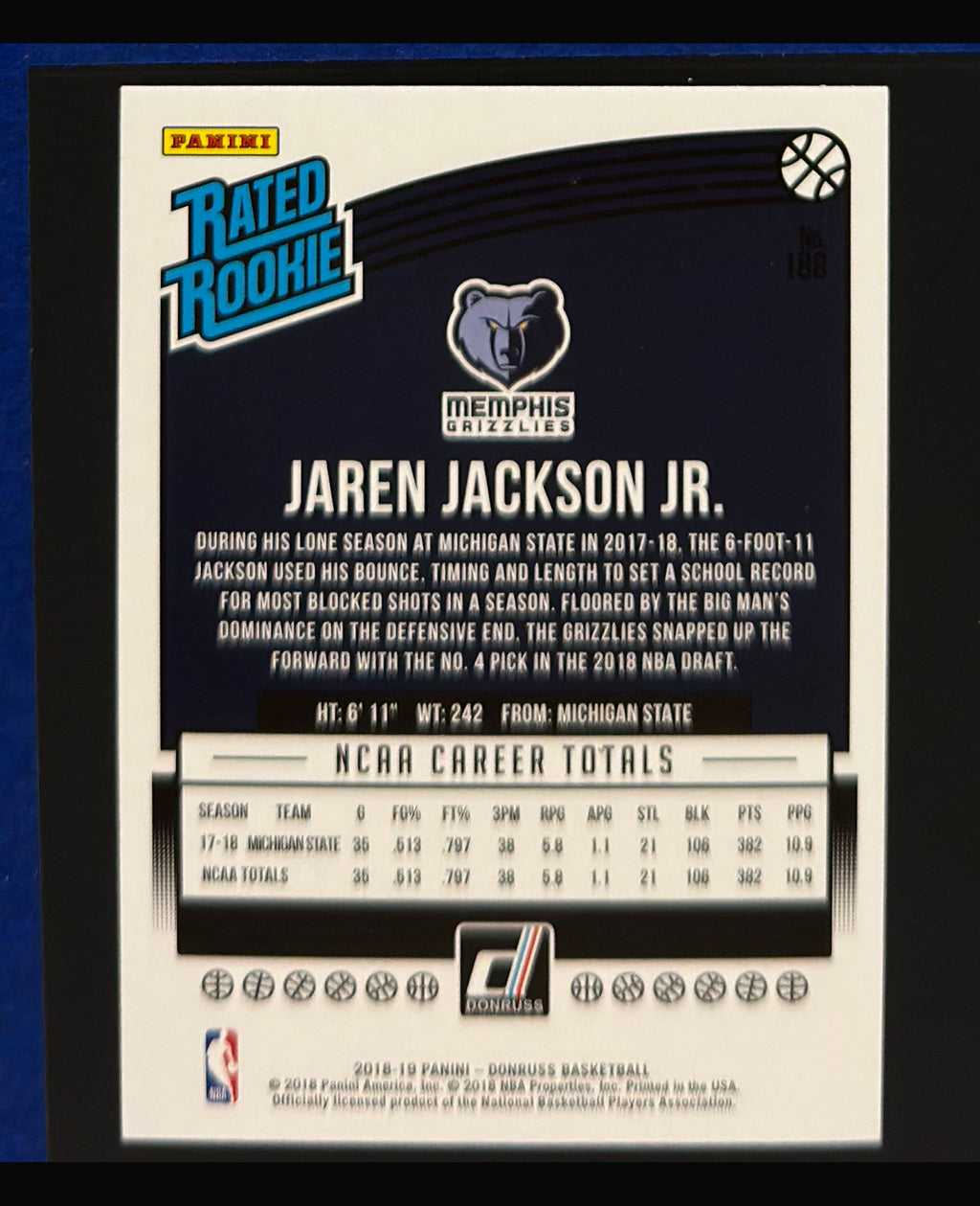 2018-19 Panini Donruss Rated Rookie Jaren Jackson Jr. RC #188 — back