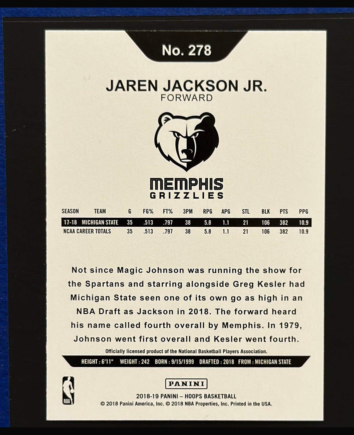 2018-19 Panini NBA Hoops Jaren Jackson Jr. RC #278 — back