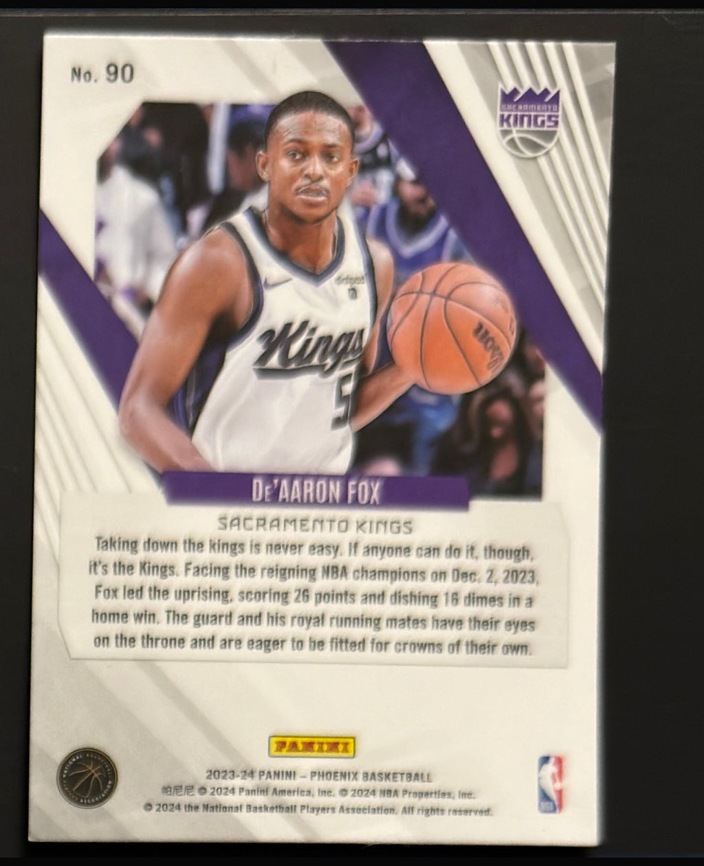 2023-24 Panini Phoenix Teal Lazer Phoenix De'Aaron Fox #90 — back