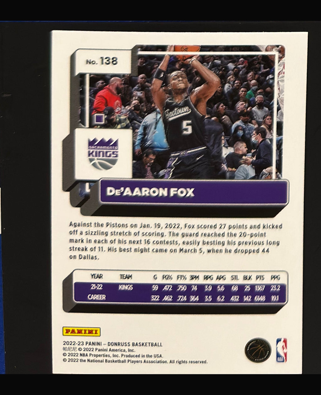 2022-23 Panini Donruss Holo Green Laser De'Aaron Fox #138 — back