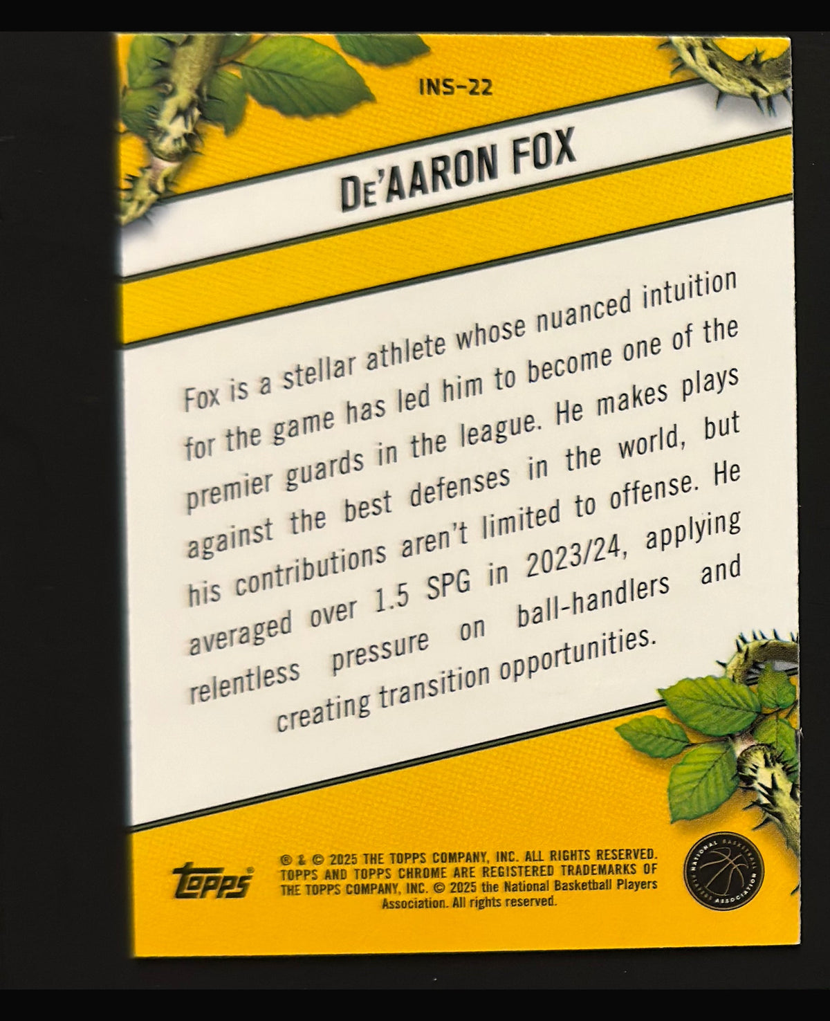 2024-25 Topps Chrome Instinct De'Aaron Fox #INS-22 — back